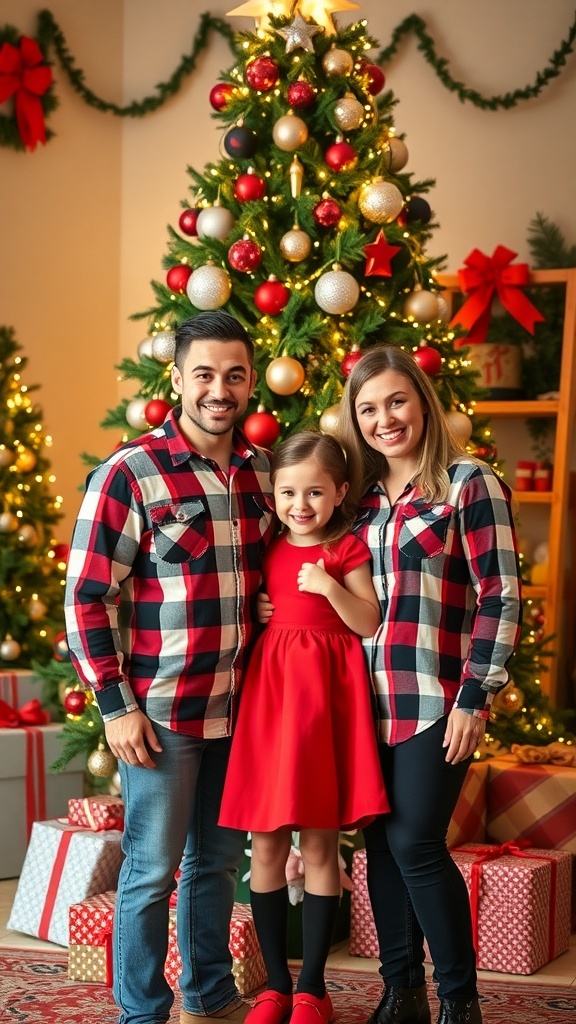 A family of three in coordinated Christmas outfits in front of a decorated tree.